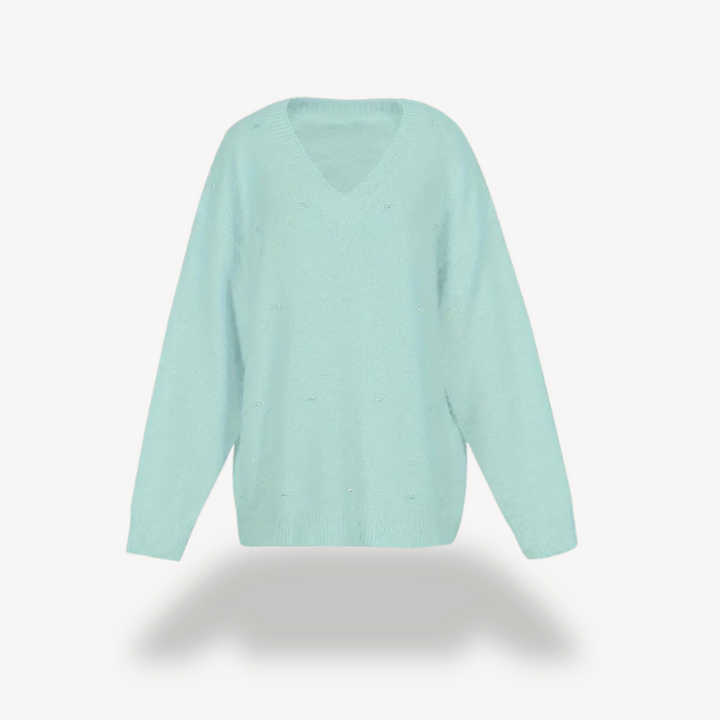 Womens V-Neck Sweater with Pearl Detail