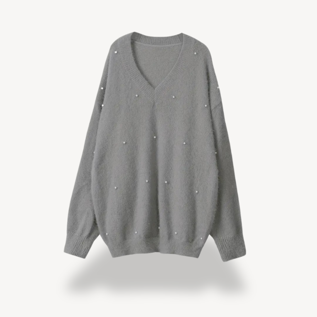 Womens V-Neck Sweater with Pearl Detail