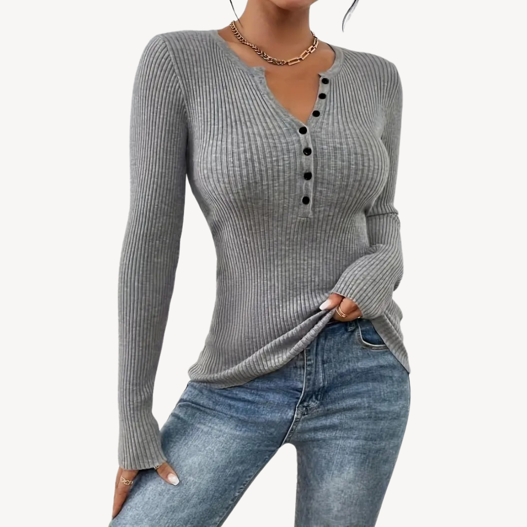 Womens Ribbed Henley Top with Buttons