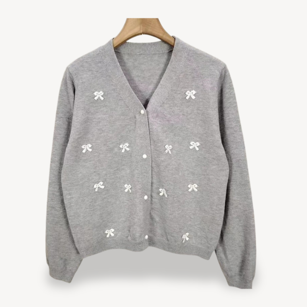 Womens Cardigan with Embroidery and Bow Detail
