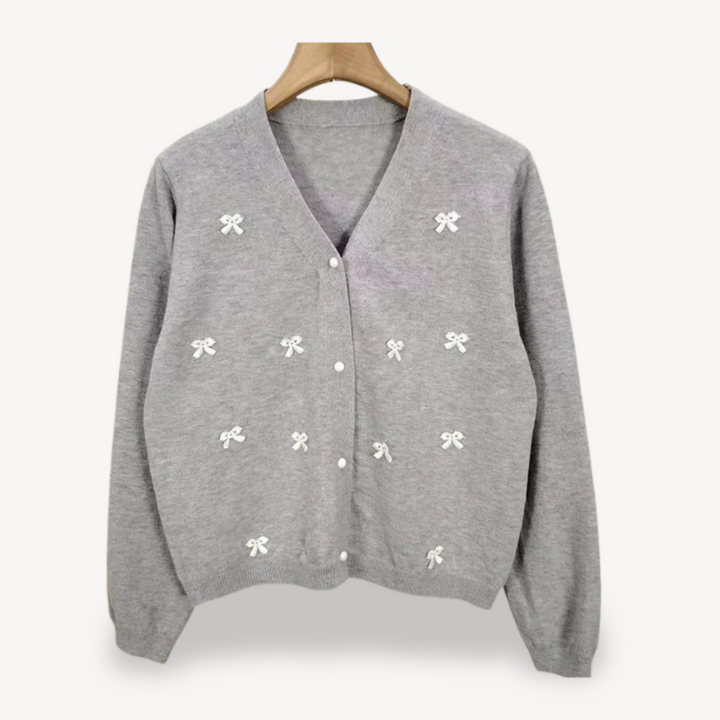 Womens Cardigan with Embroidery and Bow Detail