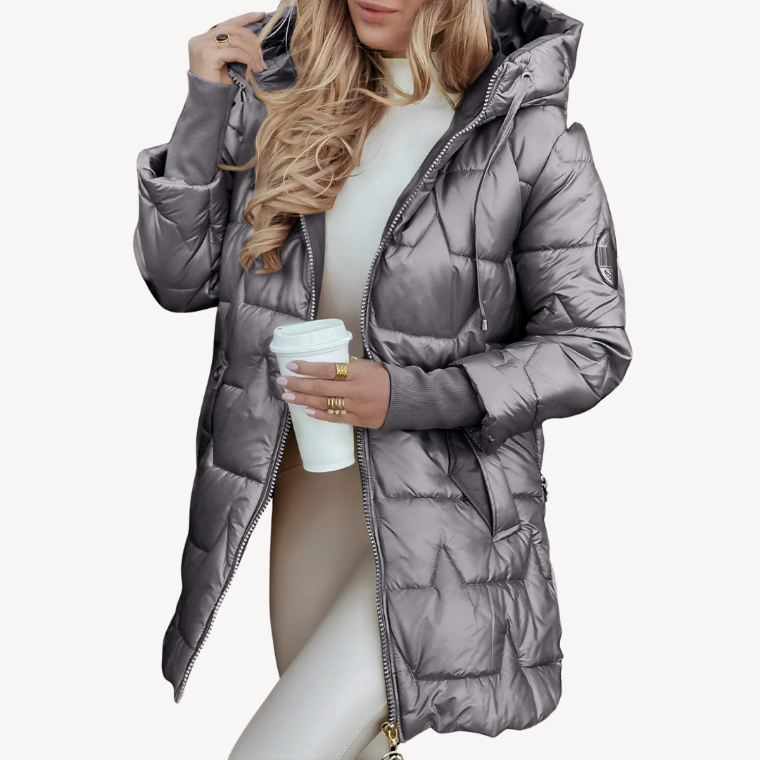Womens Mid-Length Puffer Coat with Hooded Design - BritishMode