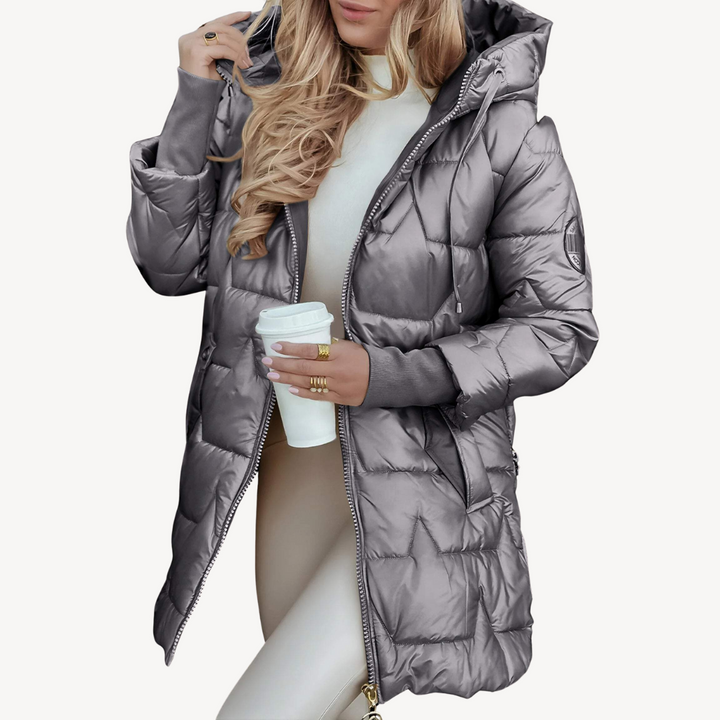 Womens Mid-Length Puffer Coat with Hooded Design - BritishMode