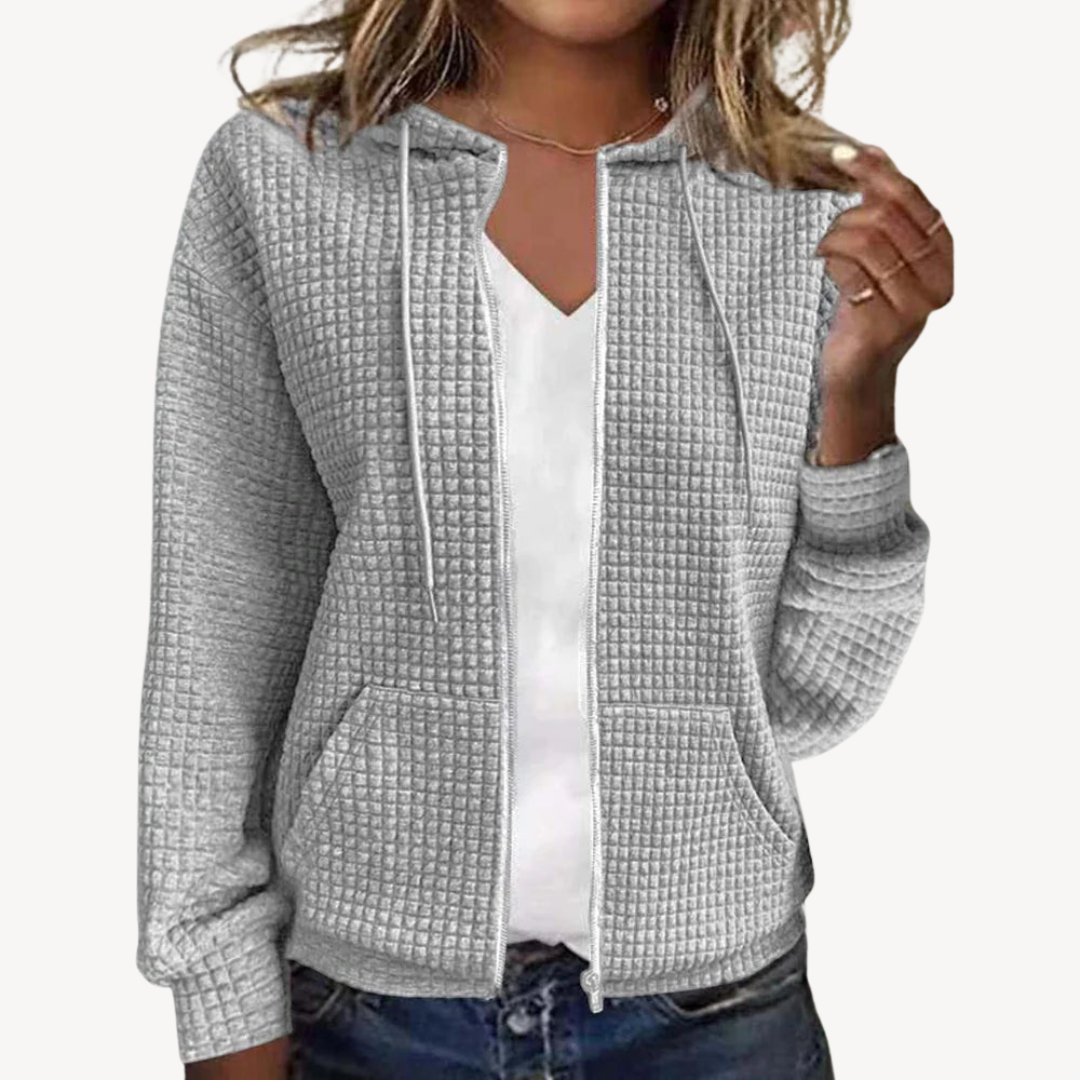 Womens Hoodie Waffle Knit Zipper Front