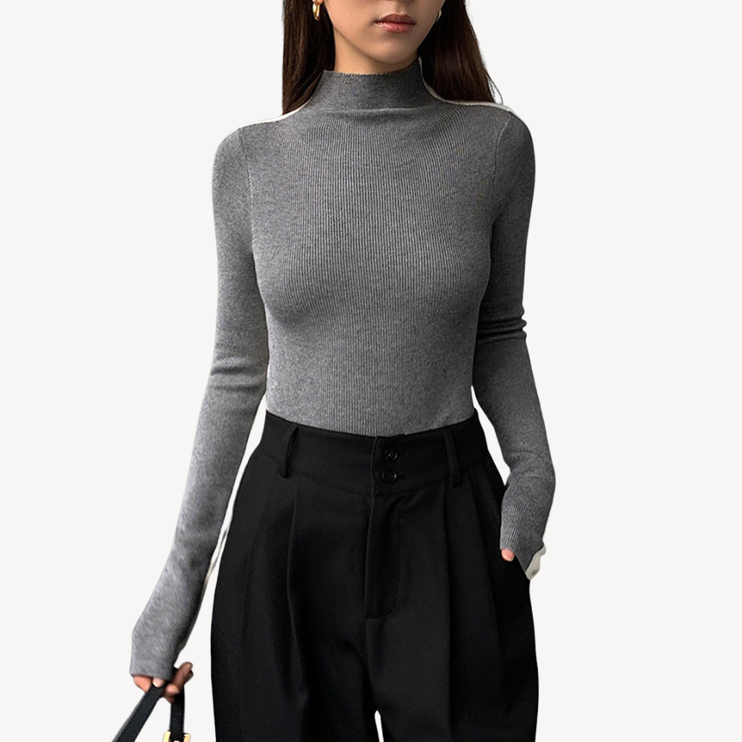 Womens Knit Turtleneck Top Two-Tone Design - BritishMode