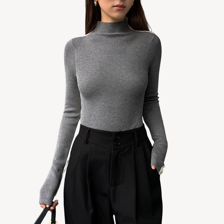Womens Knit Turtleneck Top Two-Tone Design - BritishMode