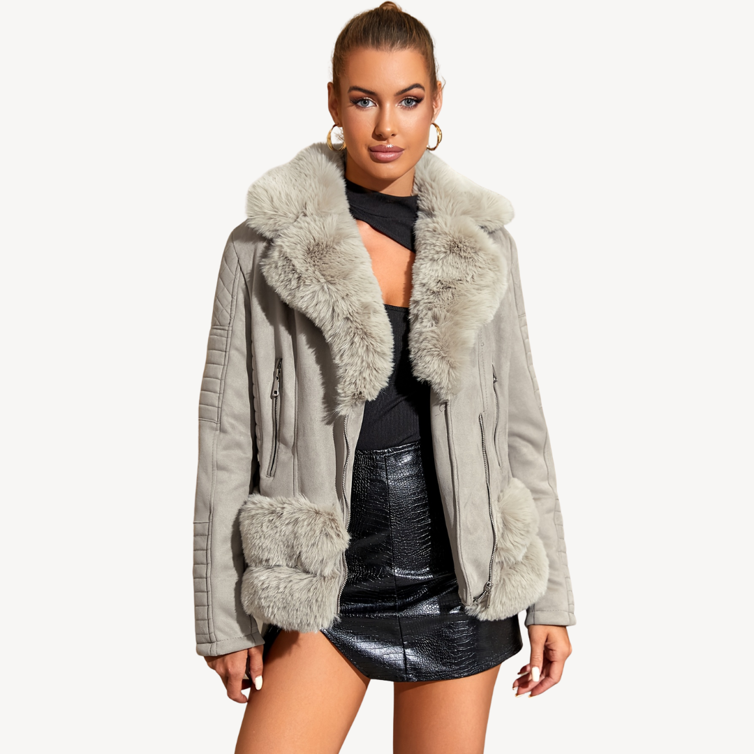 Womens Biker Jacket Faux Fur Shearling Style