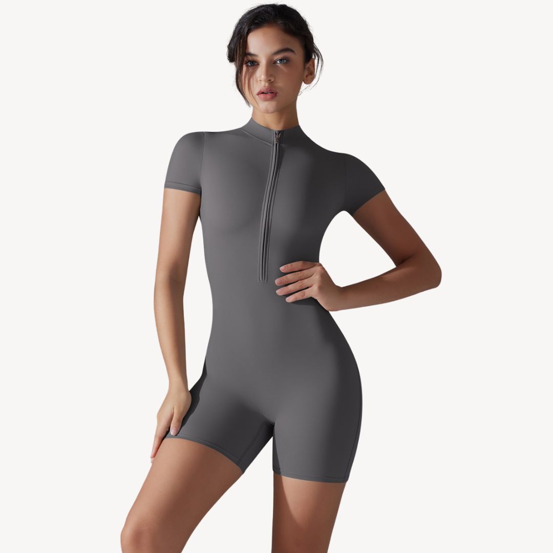 Womens Workout Bodysuit Zip-Front Stretch Fit