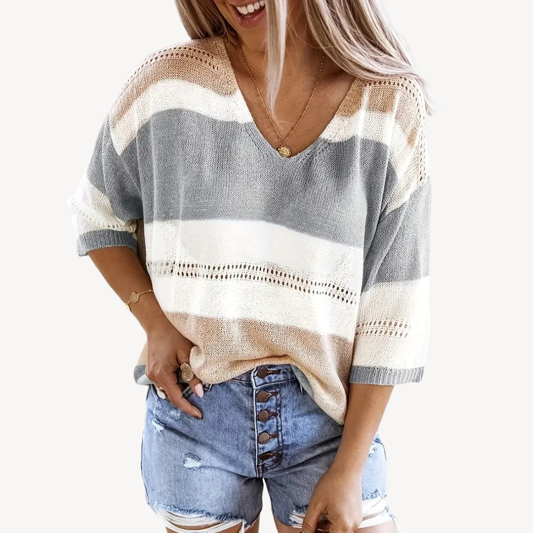 Womens V-Neck Knit Top Ribbed Fit
