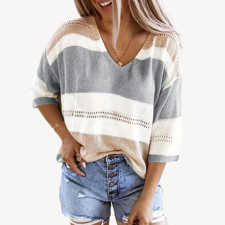 Womens V-Neck Knit Top Ribbed Fit
