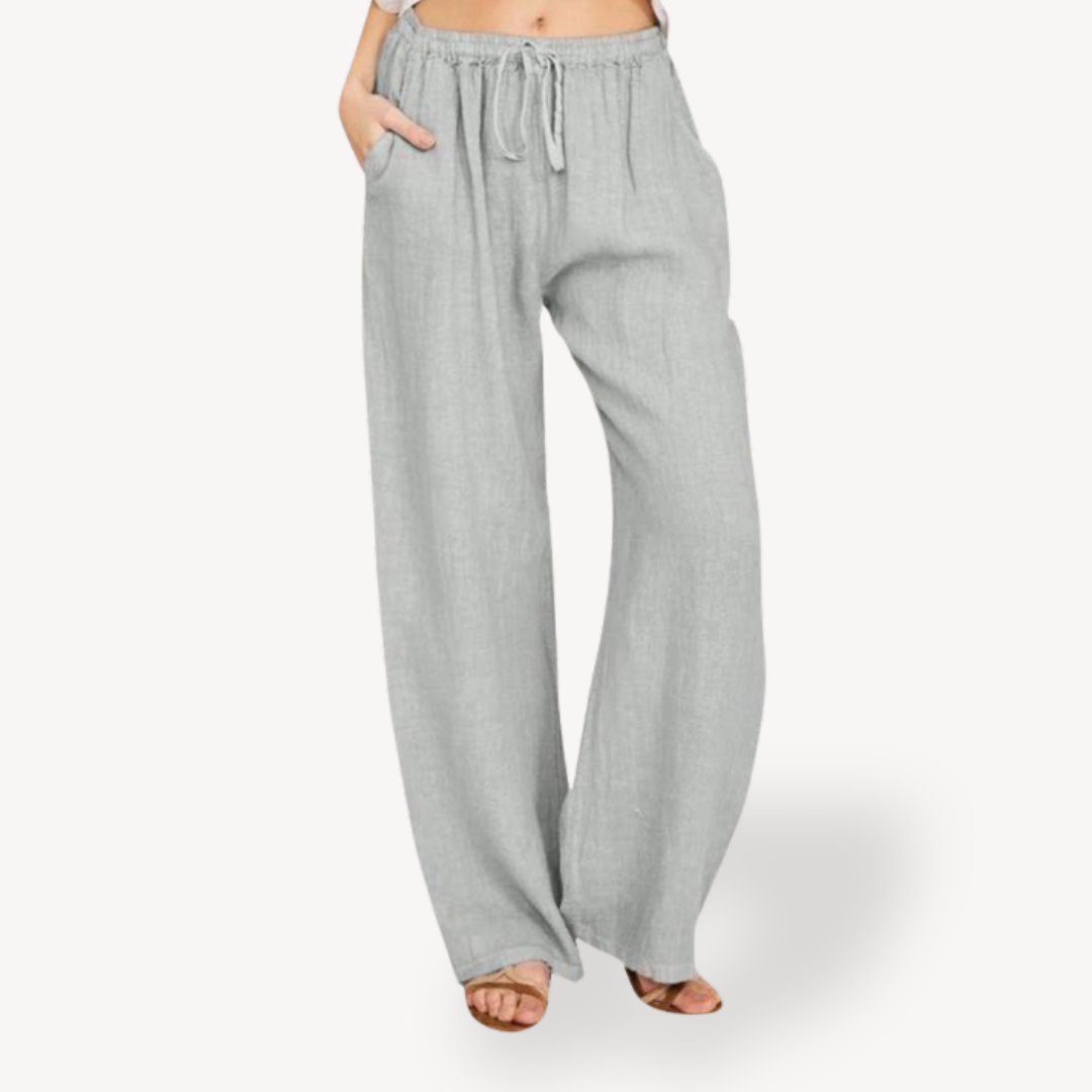 Womens Linen Wide-Leg Pants Drawstring Relaxed Fit