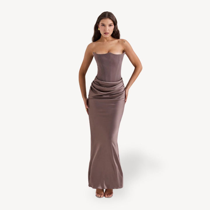 Womens Strapless Satin Corset Dress Formal Fit - BritishMode