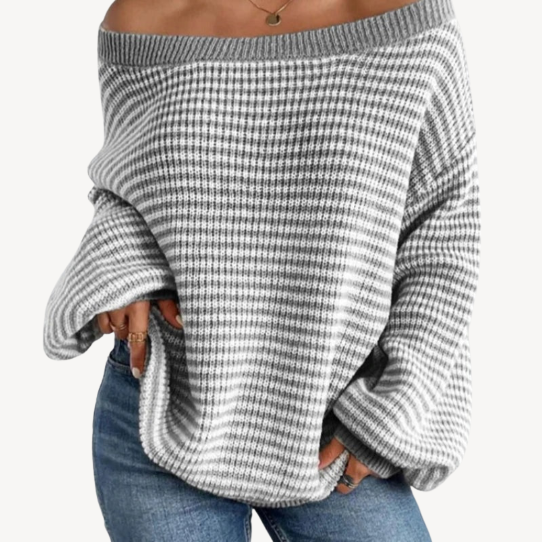 Womens Off-Shoulder Knit Sweater Striped Pattern