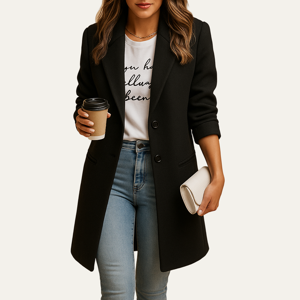 Womens Mid-Length Coat Single-Breasted Notched Collar - BritishMode