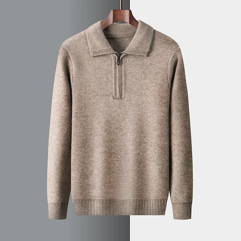Mens Zip-Up Sweater with Ribbed Cuffs and Collar