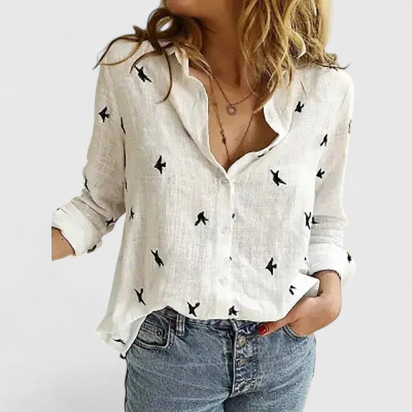 Womens Linen V-Neck Blouse with Buttons