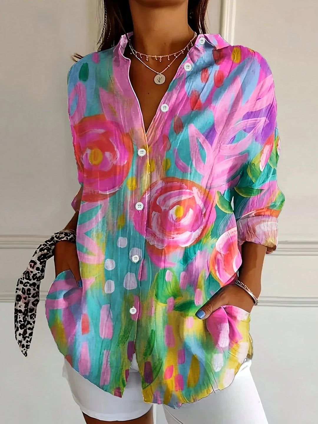 Womens Floral Print Shirt Button Front Chest Pockets - BritishMode