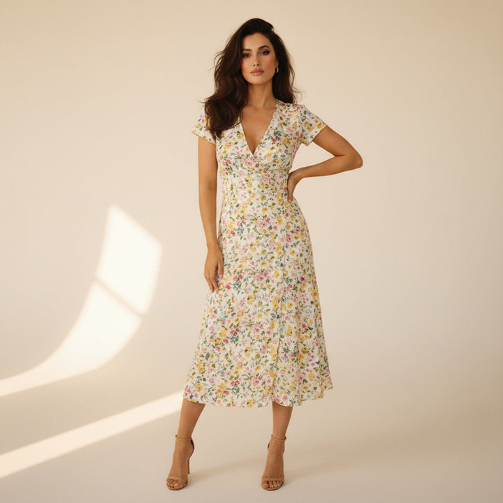 Womens Midi Dress with Floral Print and Lightweight Fabric