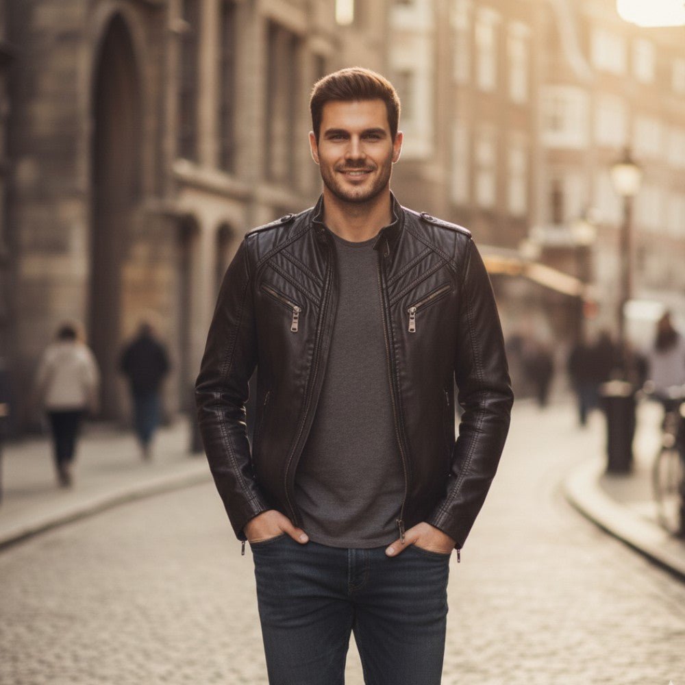 Mens Leather Jacket with Zip Closure Performance Fit - BritishMode