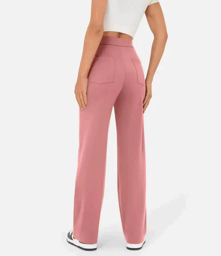 Womens High-Waisted Trousers with Button Placket Stretch