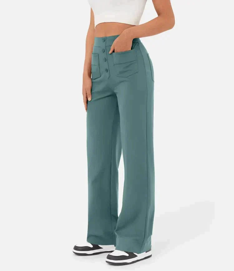Womens High-Waisted Trousers with Button Placket Stretch