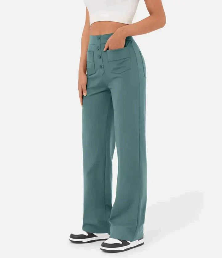 Womens High-Waisted Trousers with Button Placket Stretch