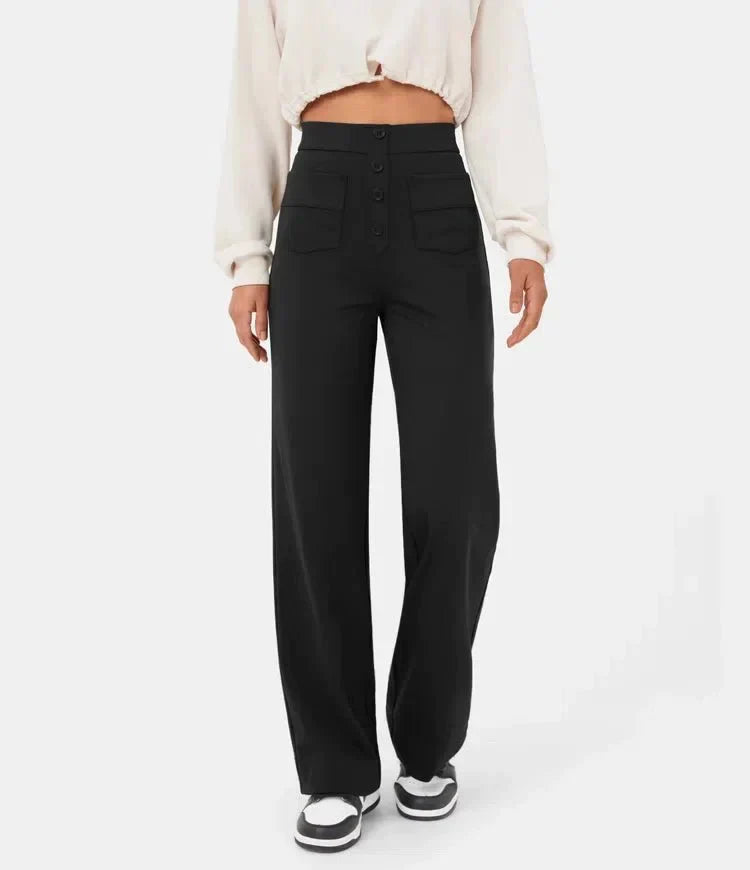 Womens High-Waisted Trousers with Button Placket Stretch