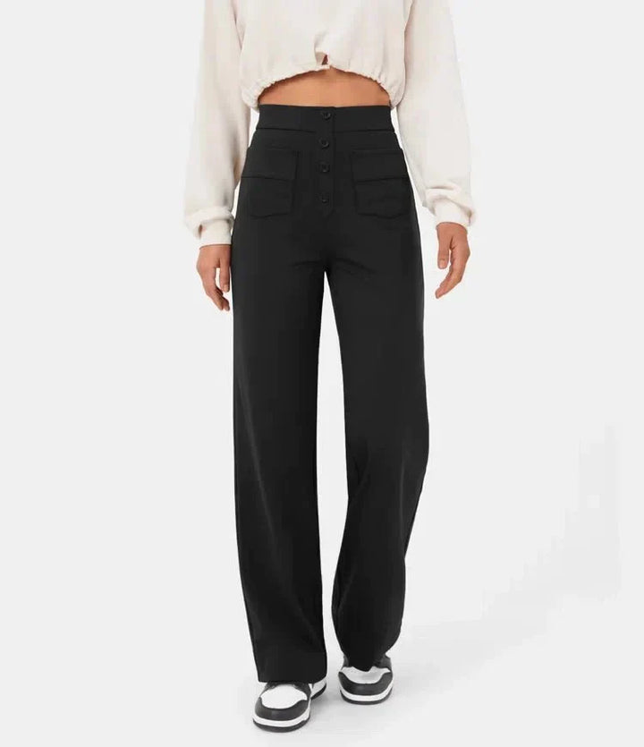 Womens High-Waisted Trousers with Button Placket Stretch