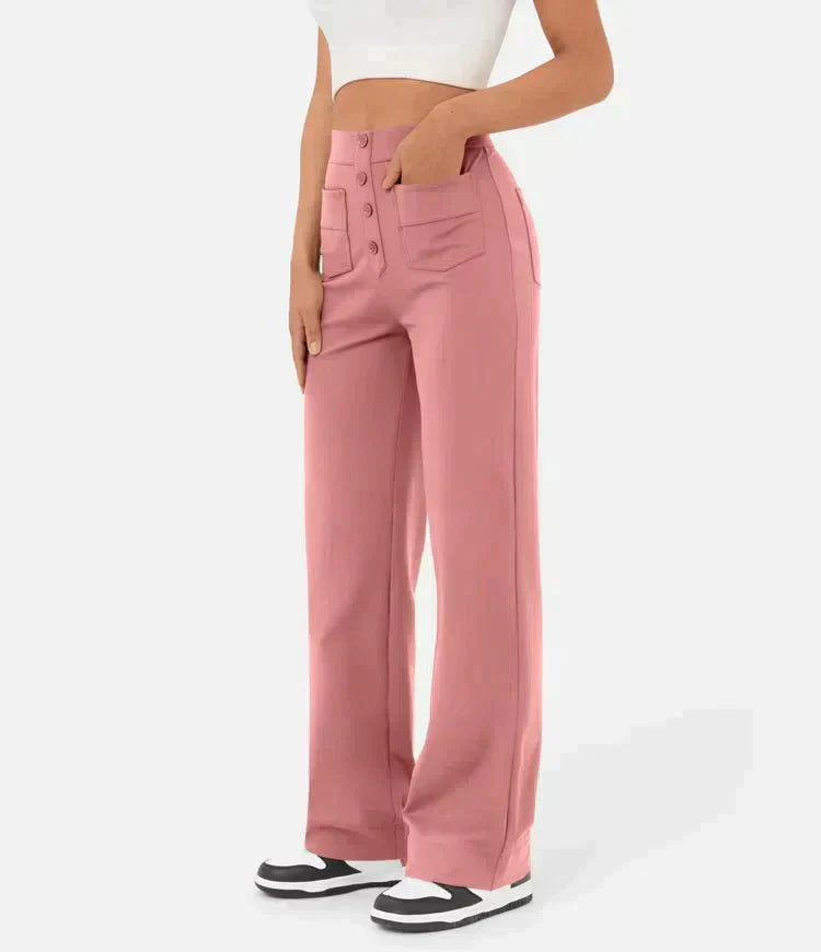 Womens High-Waisted Trousers with Button Placket Stretch