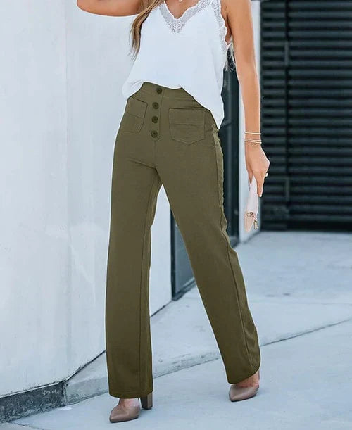 Womens High-Waisted Trousers with Button Placket Stretch