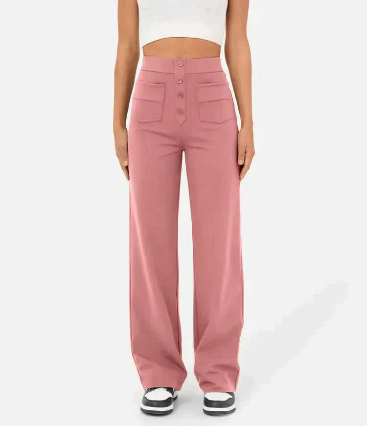 Womens High-Waisted Trousers with Button Placket Stretch
