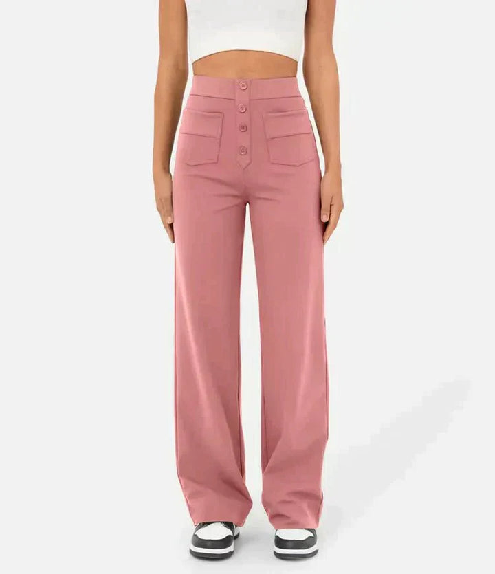 Womens High-Waisted Trousers with Button Placket Stretch