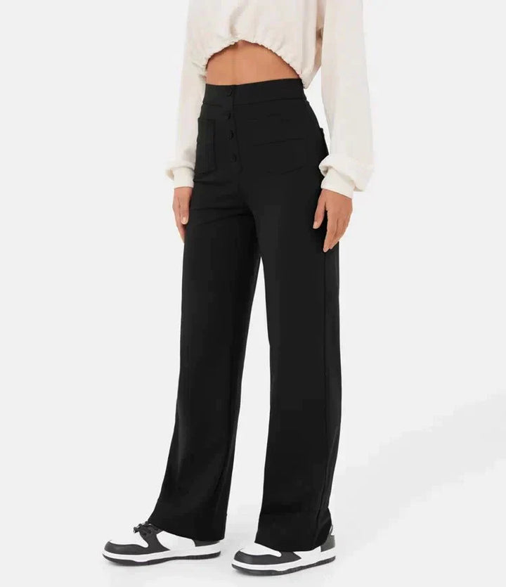Womens High-Waisted Trousers with Button Placket Stretch