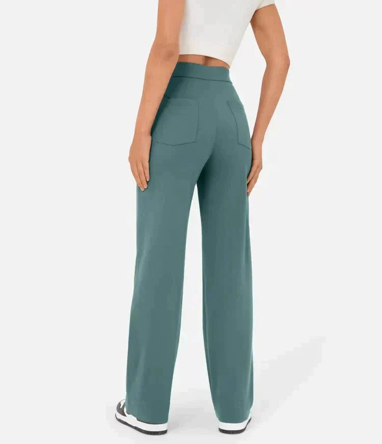 Womens High-Waisted Trousers with Button Placket Stretch