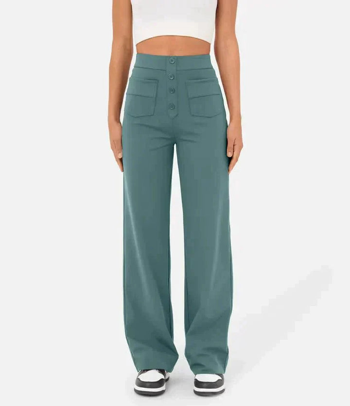 Womens High-Waisted Trousers with Button Placket Stretch