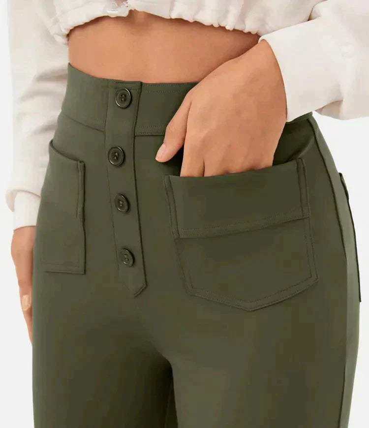 Womens High-Waisted Trousers with Button Placket Stretch