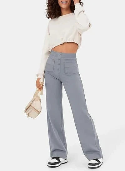Womens High-Waisted Trousers with Button Placket Stretch