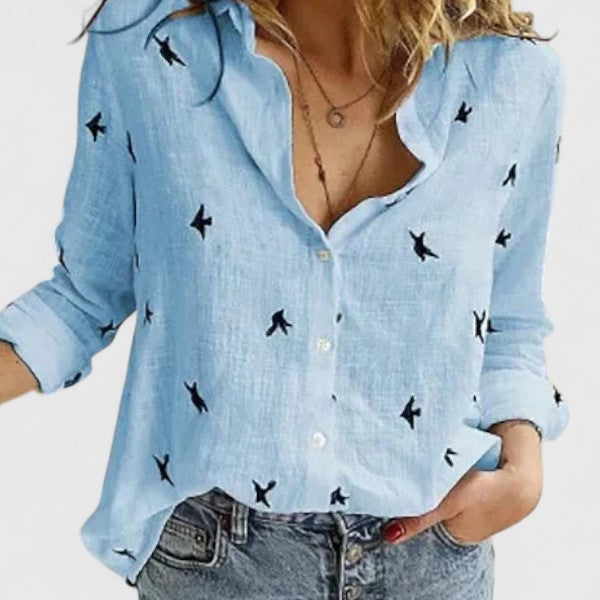 Womens Linen V-Neck Blouse with Buttons