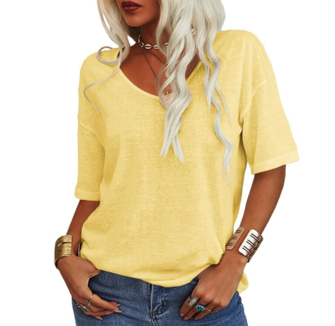 Womens Oversized T-Shirt Cotton Linen V-Neck Short Sleeve