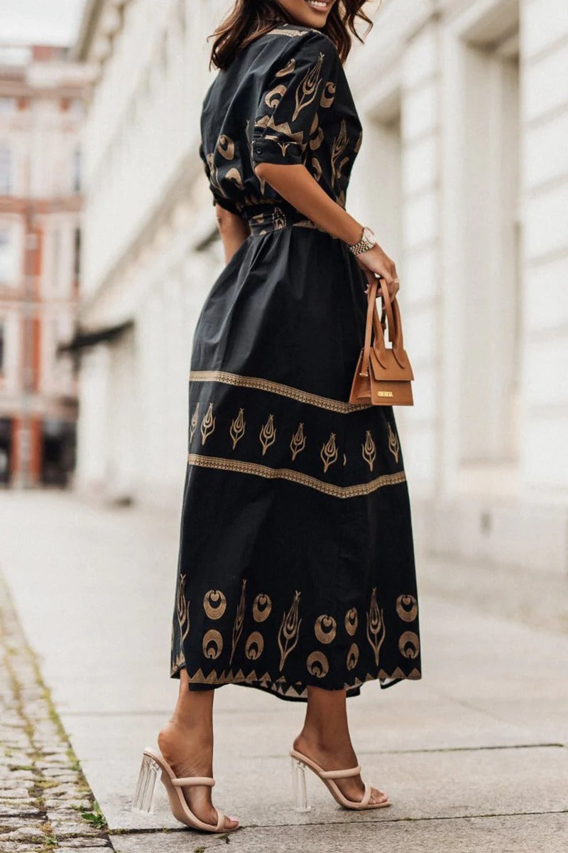 Womens Boho Midi Dress with Belted Waist Long Sleeve