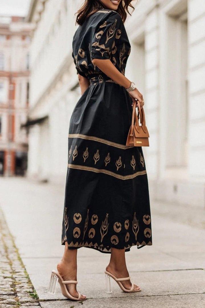 Womens Boho Midi Dress with Belted Waist Long Sleeve