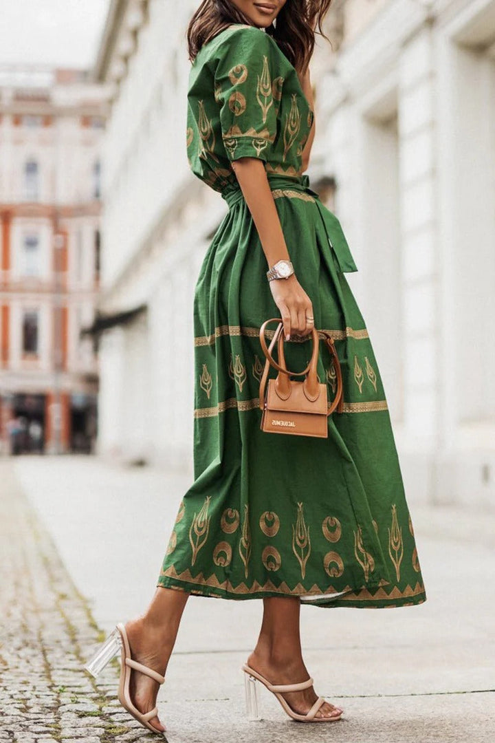 Womens Boho Midi Dress with Belted Waist Long Sleeve