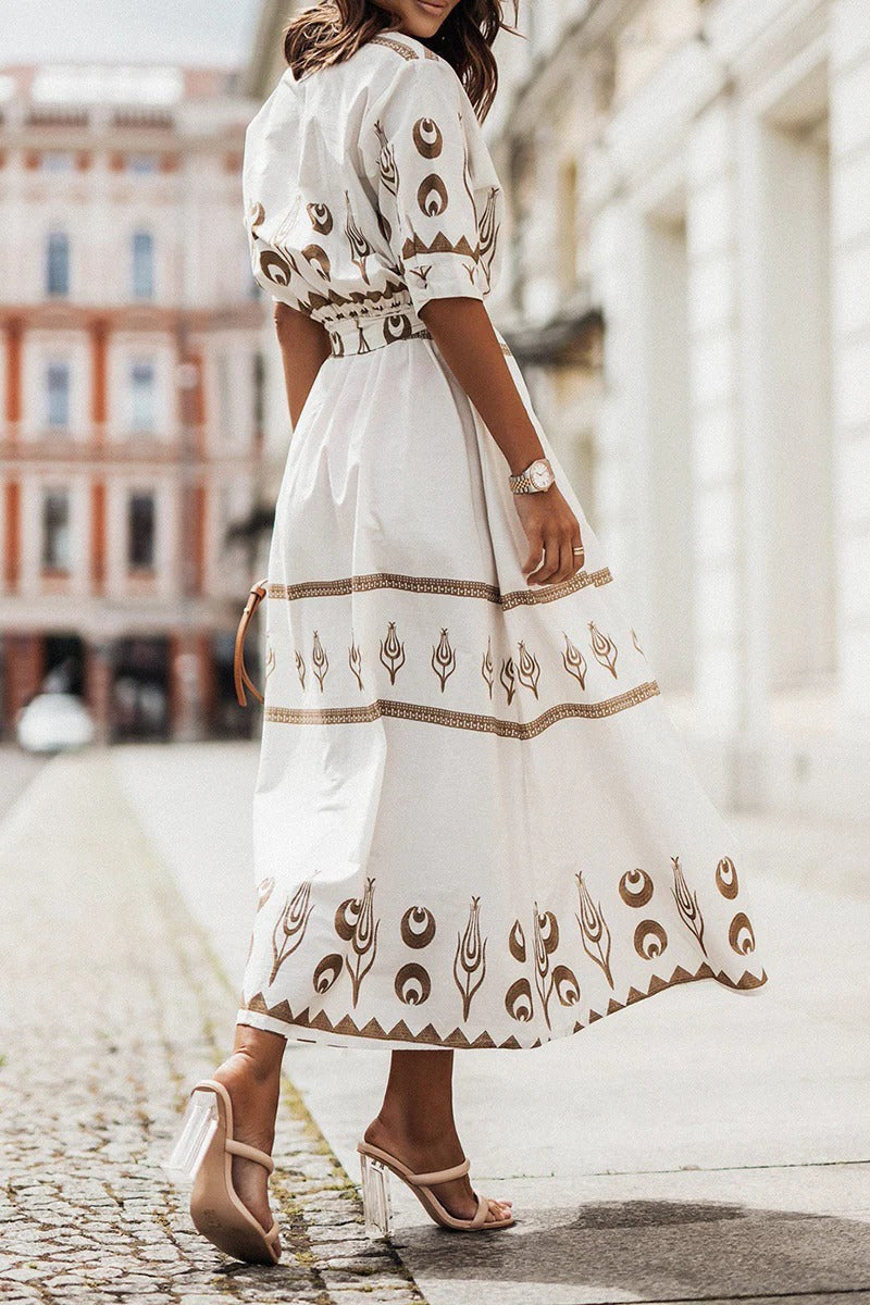 Womens Boho Midi Dress with Belted Waist Long Sleeve