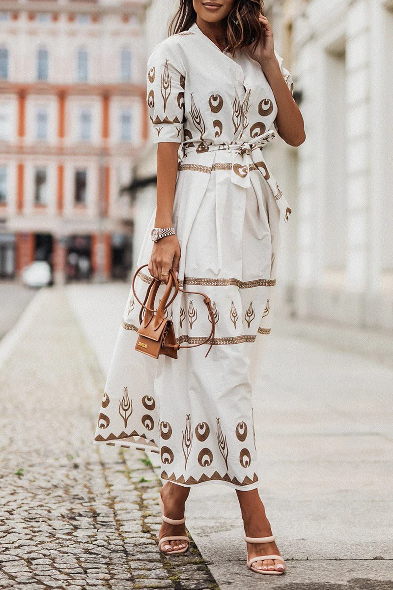 Womens Boho Midi Dress with Belted Waist Long Sleeve
