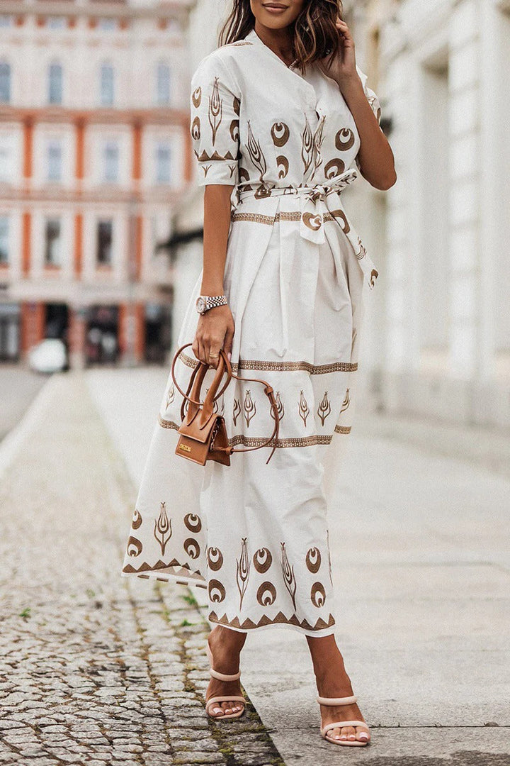 Womens Boho Midi Dress with Belted Waist Long Sleeve