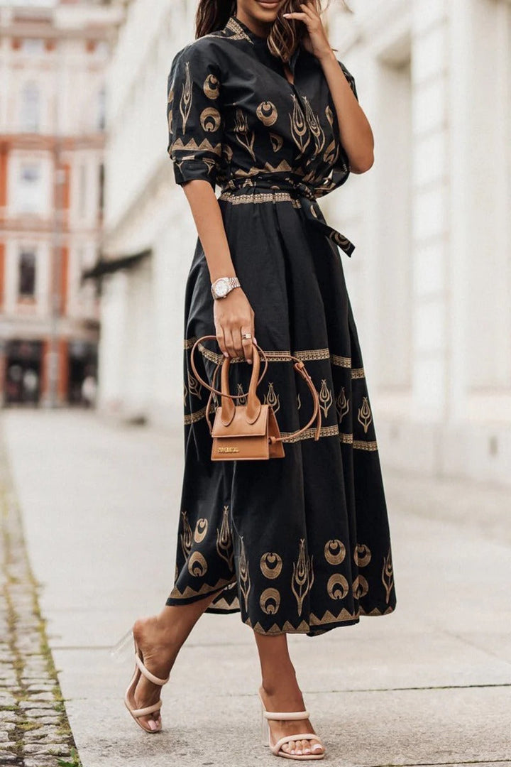 Womens Boho Midi Dress with Belted Waist Long Sleeve - BritishMode