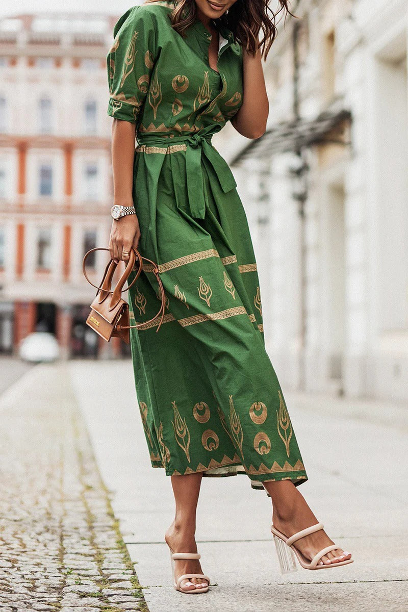 Womens Boho Midi Dress with Belted Waist Long Sleeve