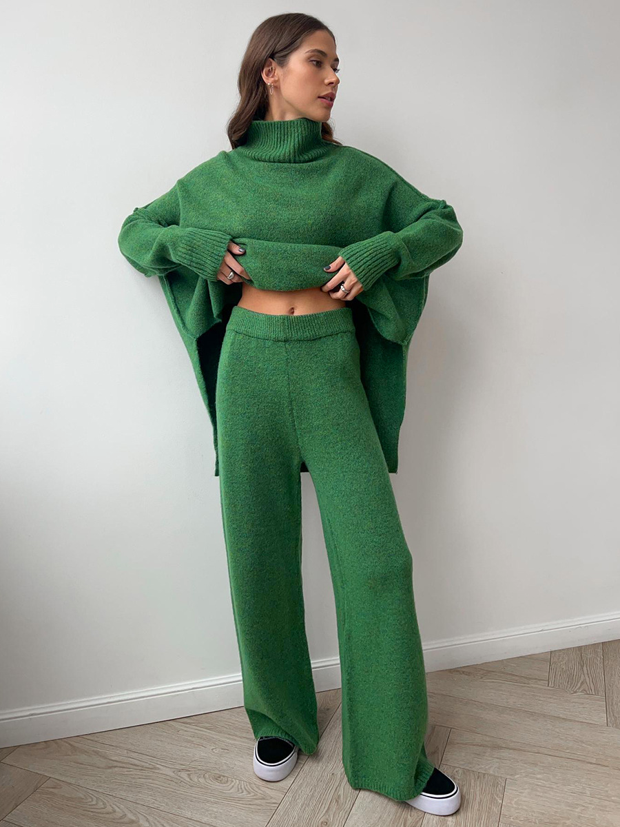 Womens Oversized Knit Sweater with Turtleneck Wide-Leg Trousers Set