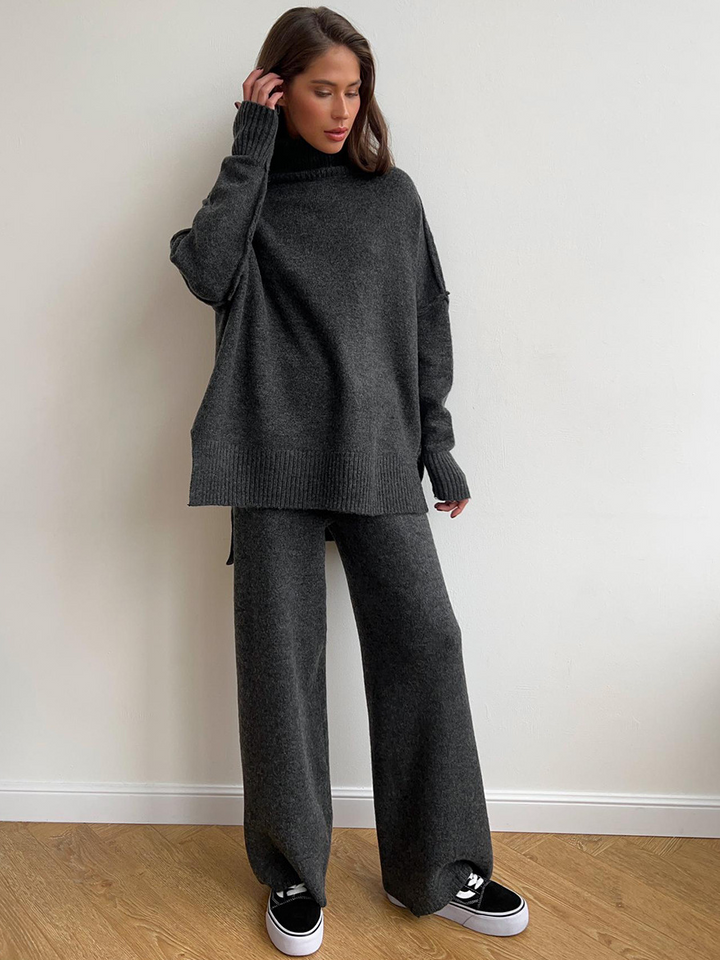 Womens Oversized Knit Sweater with Turtleneck Wide-Leg Trousers Set