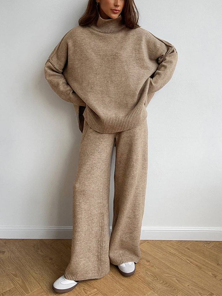 Womens Oversized Knit Sweater with Turtleneck Wide-Leg Trousers Set - BritishMode